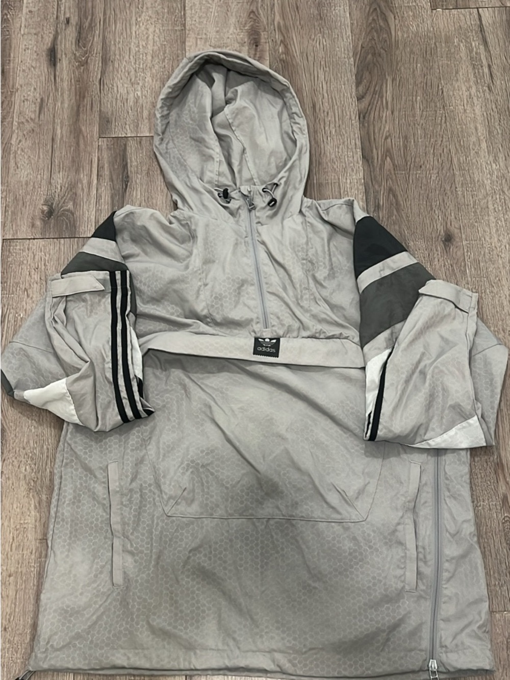 adidas men’s Gray Hooded Windbreaker with Black Accents